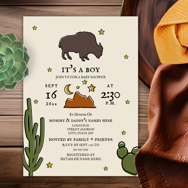 Buffalo Cactus Moon Desert Stars Baby Shower Invitation