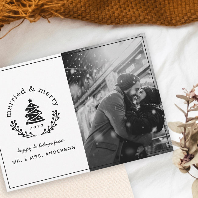 Buffalo Check Plaid Married And Merry Newlywed Holiday Invitations