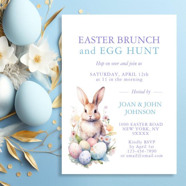 Bunny Watercolor Eggs Easter Brunch & Hunt Invitation