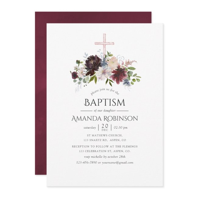 Burgundy And Blush Floral Baptism Or Christening Invitation