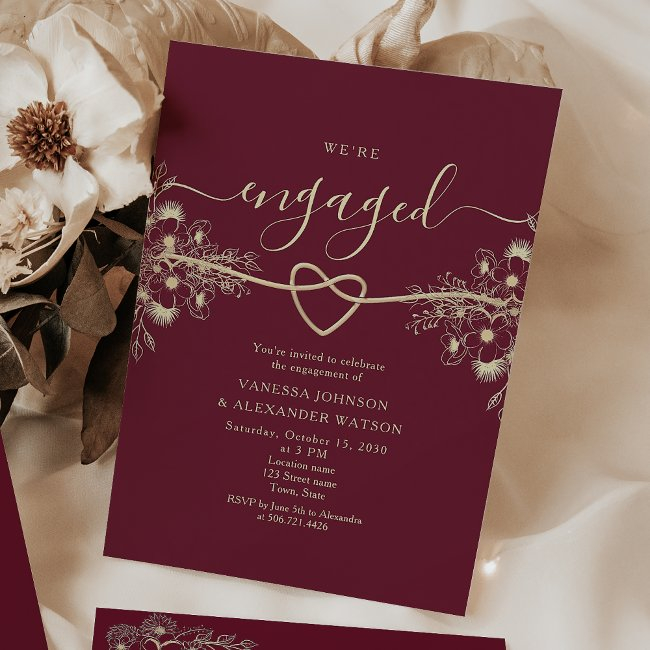 Burgundy And Gold Engagement Party Invitation