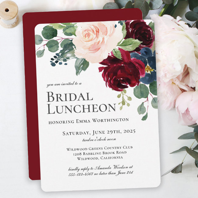 Burgundy Blush And Navy Floral Bridal Luncheon Invitation