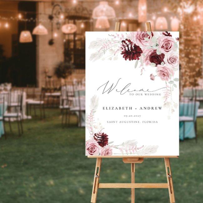 Burgundy Blush Pink Roses Floral Wedding Welcome Foam Board