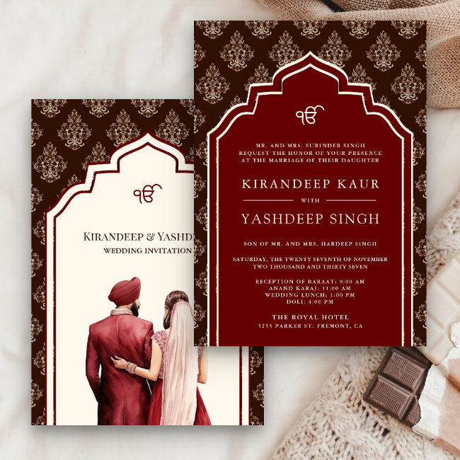 Burgundy Cream Brown Ikat Anand Karaj Sikh Wedding Invitation