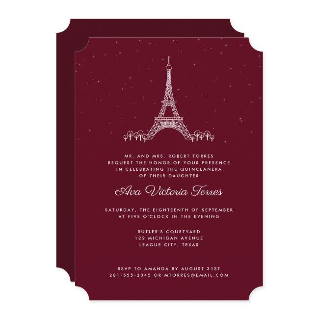 Burgundy Eiffel Tower Under The Stars Quinceañera Invitation