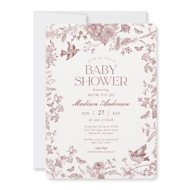 Burgundy Fall Toile De Jouy Floral Baby Shower Invitation