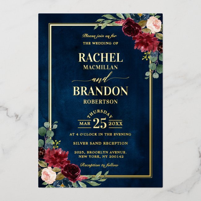 Burgundy Floral Gold Navy Blue Rustic Wedding Foil Invitation