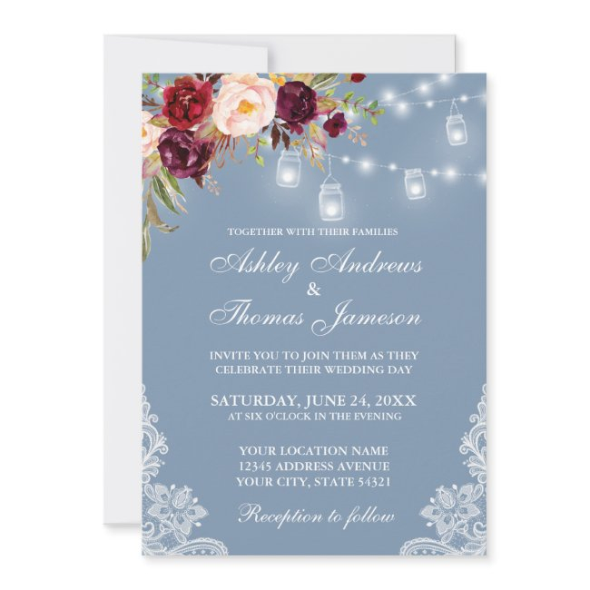 Burgundy Floral Jar Lights Lace Dusty Blue Wedding Invitation