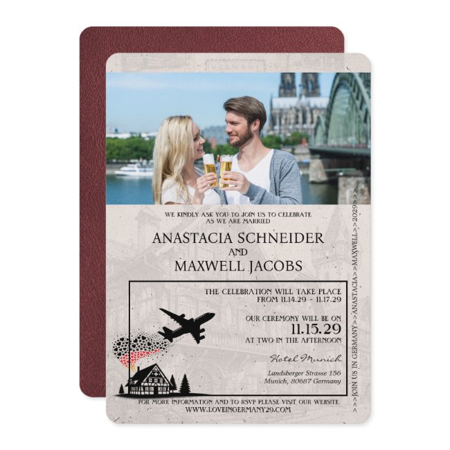 Burgundy Germany Passport Wedding Invitation