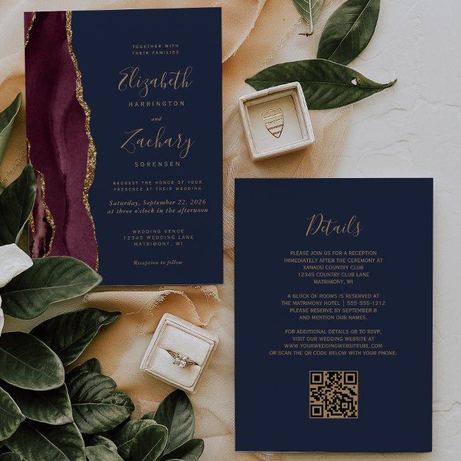 Burgundy Gold Agate Navy Blue Qr Code Wedding Invitation