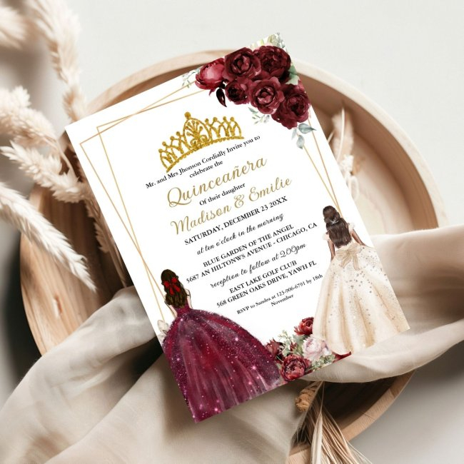 Burgundy & Ivory Butterfly Twin Quinceanera Invitation