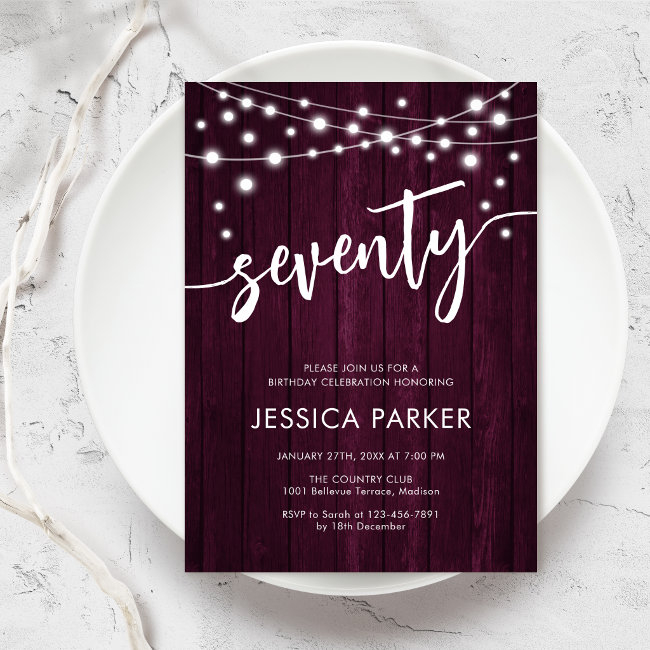 Burgundy Maroon Rustic Wood 70th Birthday Party Invitation