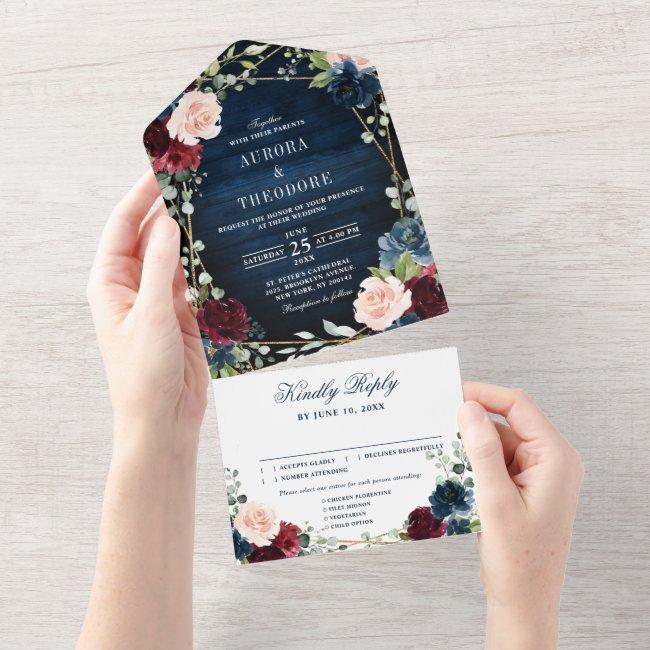 Burgundy Navy Blush Floral Gold Geometric Wedding All In One Invitation