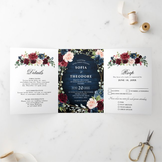Burgundy Navy Blush Floral Gold Geometric Wedding Tri-fold Announcement