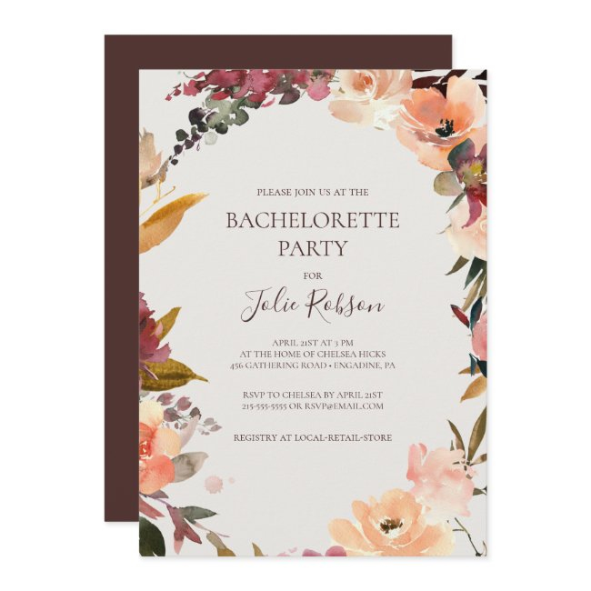 Burgundy Orange Floral | Beige Bachelorette Party Invitation