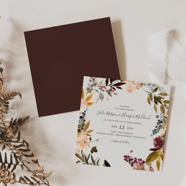 Burgundy Orange Floral | Beige Square Wedding Invitation
