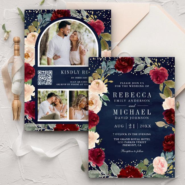 Burgundy Peach Floral Navy Blue Qr Code Wedding Invitation