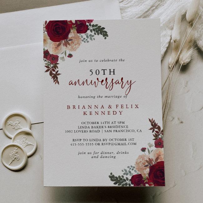 Burgundy Pink Floral 50th Wedding Anniversary Invitation