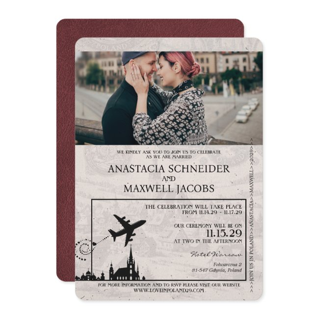 Burgundy Poland Passport Wedding Invitation