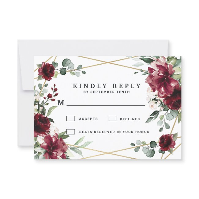 Burgundy Red Blush Gold Geometric Greenery Wedding Rsvp Invitations