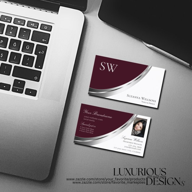 Burgundy White Silver Decor With Monogram & Photo Business Invitations