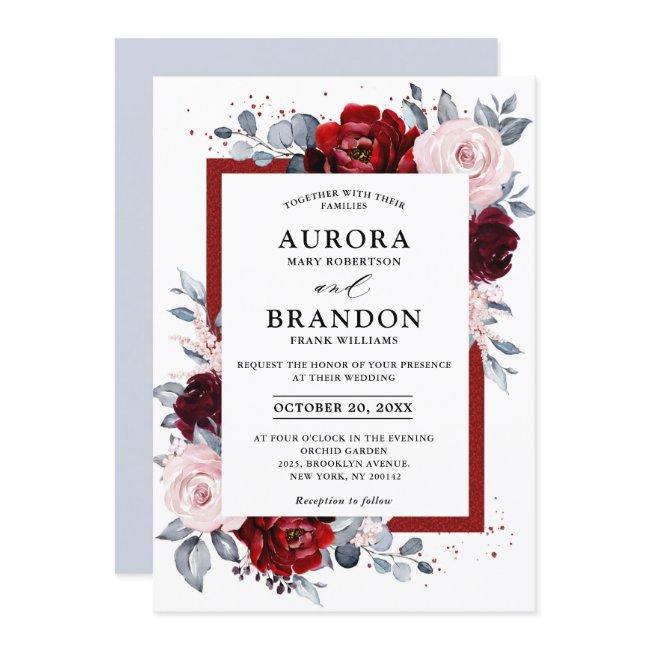 Burgundy Wine Dusty Blue Slate Floral Wedding Invitation
