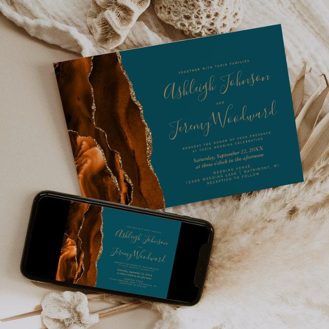 Burnt Orange Gold Teal Blue Wedding Invitation