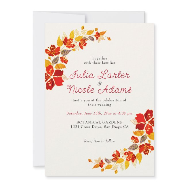 Burnt Orange Tropical Hibiscus Florals Wedding Invitation