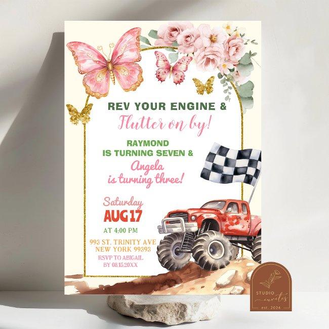Butterflies And Monster Truck Joint Birthday Invitation
