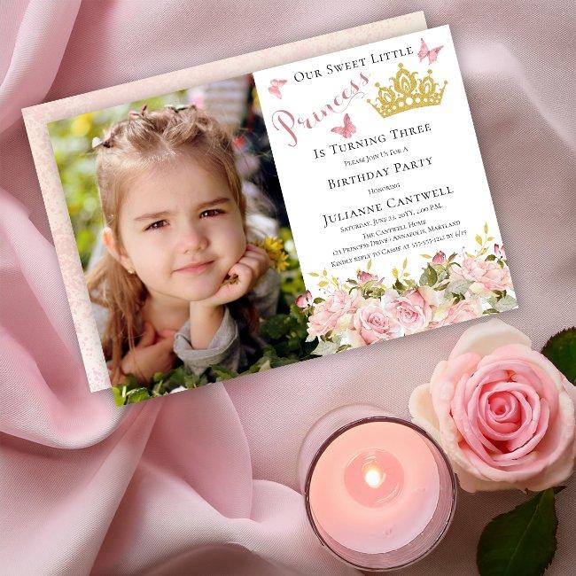 Butterflies Floral Princess Photo 3rd Birthday Invitation