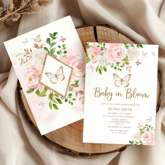 Butterfly Baby In Bloom Blush Gold Baby Shower Invitation