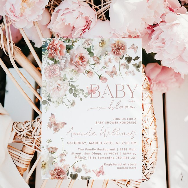 Butterfly Baby In Bloom Pink Floral Baby Shower Invitation