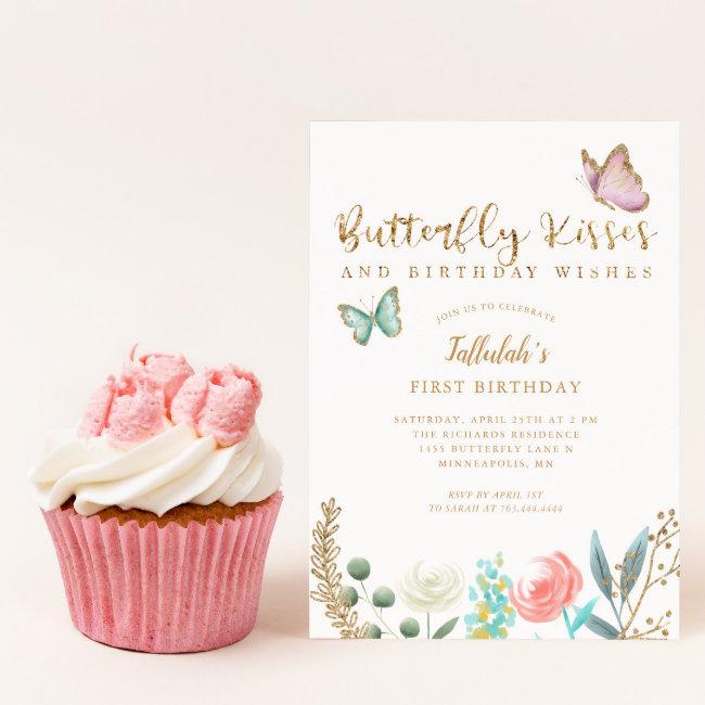 Butterfly Kisses And Birthday Wishes Gold Floral Invitation