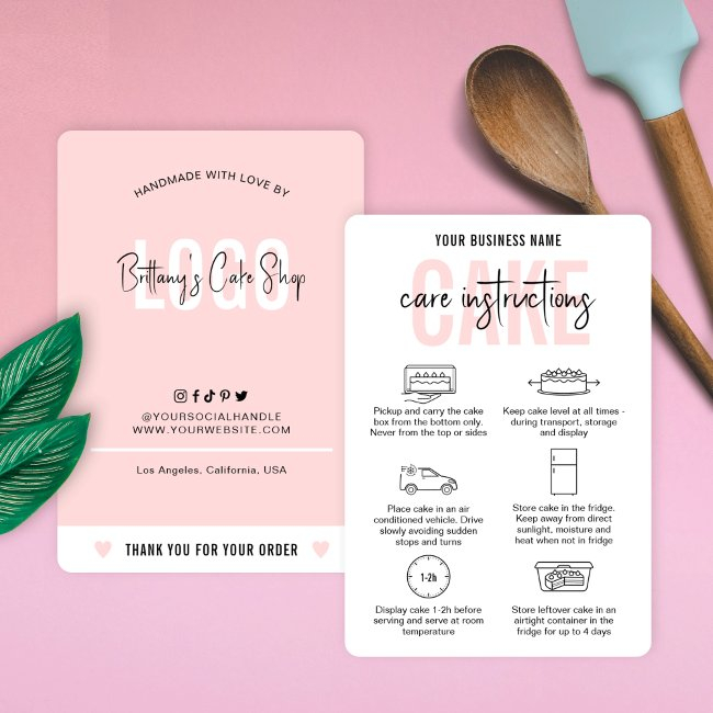 Cake Care Instructions Modern Blush Pink Bakery Business Invitations