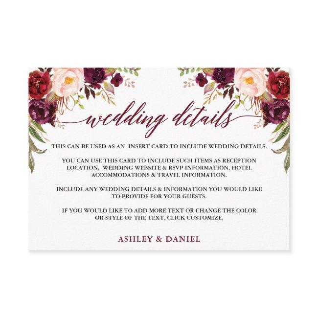 Calligraphy Floral Burgundy Wedding Details Enclosure Invitations