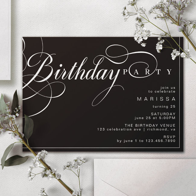 Calligraphy Script | Elegant Moody Black Birthday Invitation