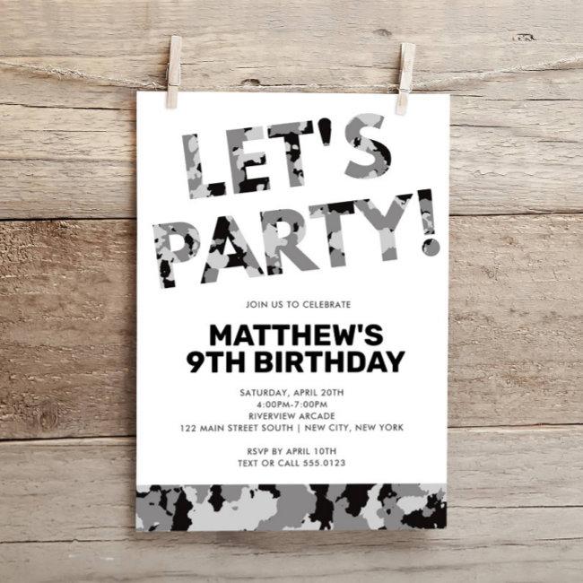 Camouflage Birthday, Let's Party Grey Camo Invitation