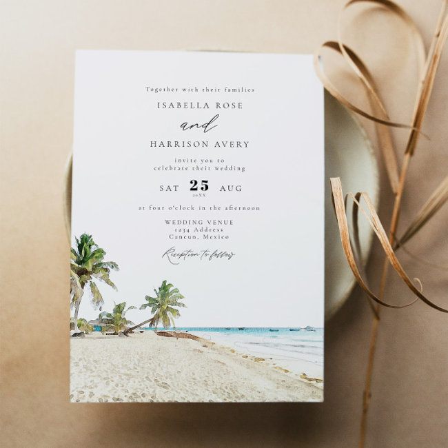 Cancun Mexico Watercolor Beach Wedding Invitation
