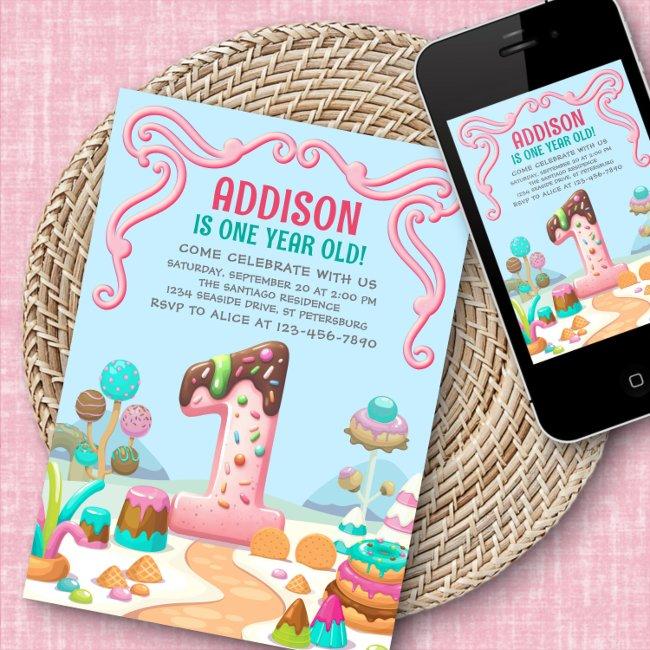 Candy Sweet Girl's Candyland 1st Birthday Invitation
