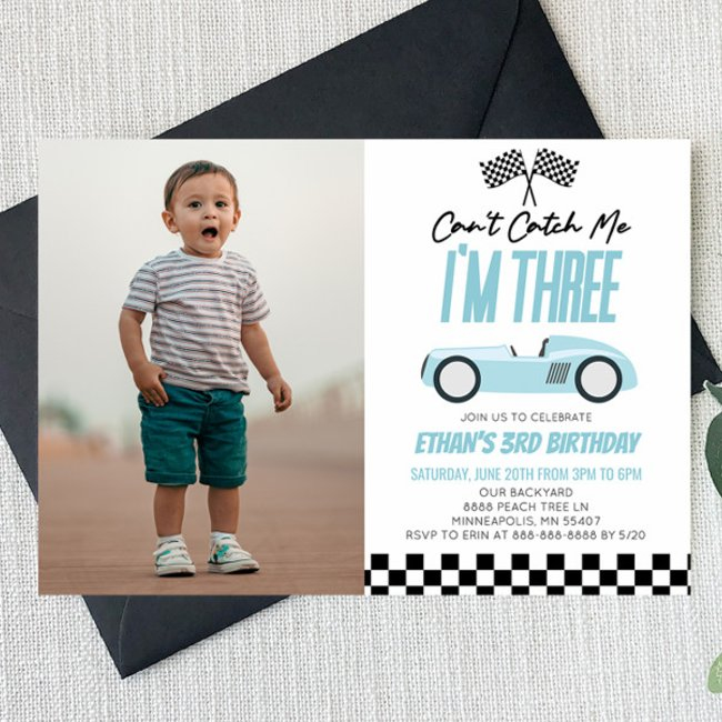 Can't Catch Me Blue Race Car 3rd Birthday Party Invitation