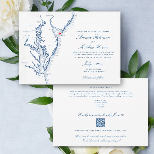 Cape May Nj All-in-one Qr Code Rsvp Wedding Invitation