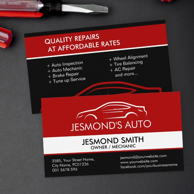 Car Silhouette - Mechanic Auto Repair Red Business Invitations