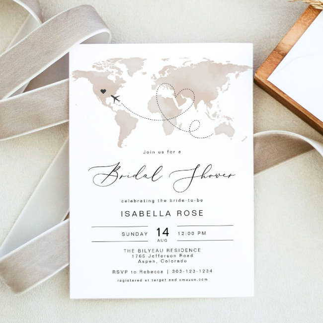 Carmen Beige Map Travel Adventure Bridal Shower Invitation