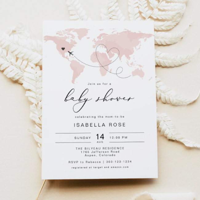 Carmen Blush Pink Map Travel Adventure Baby Shower Invitation