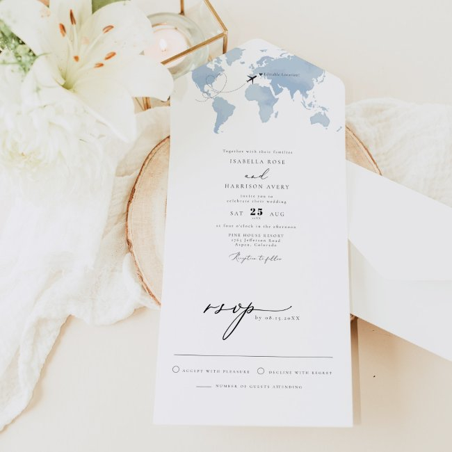 Carmen Dusty Blue Map Travel Destination Wedding A All In One Invitation
