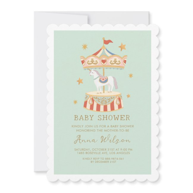 Carousel Pastel Sage Green Cute Baby Shower Invitation