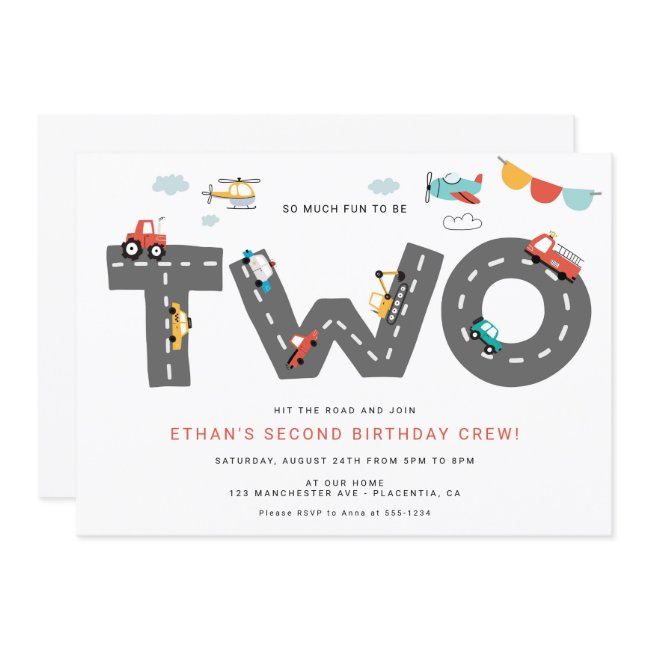 Cars & Trucks City Transportation Second Birthday Invitation