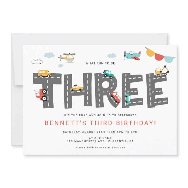 Cars & Trucks City Transportation Third Birthday Invitation