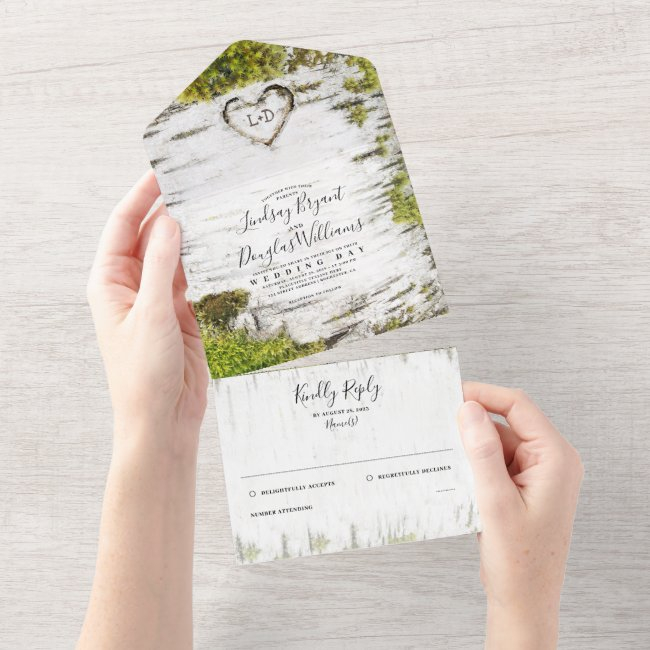 Carved Birch Tree Heart Rustic Country Wedding All In One Invitation
