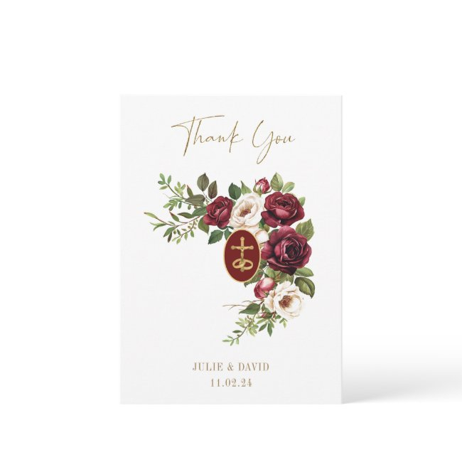 Catholic Claret Floral Gold Crucifix Wedding Thank You Invitations